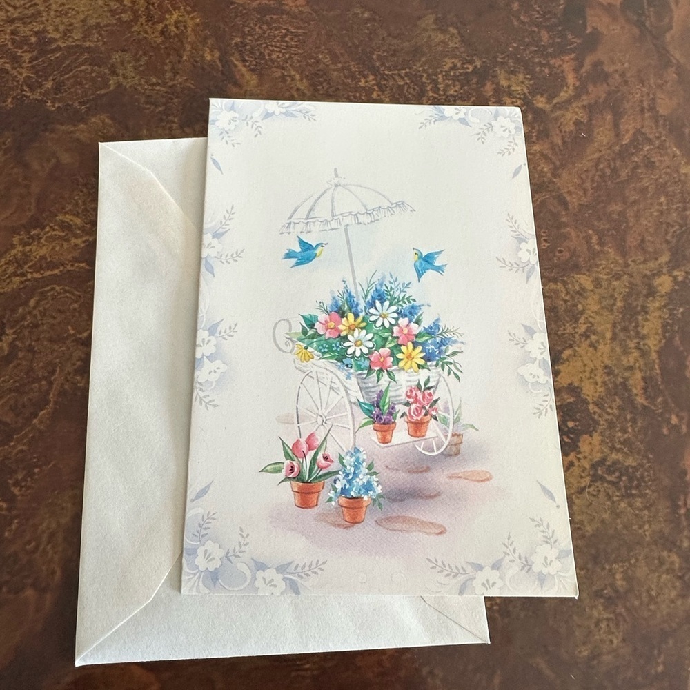 Vintage 70s Floral Cart Card Birthday Blue and Pink